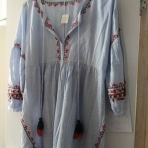Tunic or Mini dress Blue striped w/ Embroidery